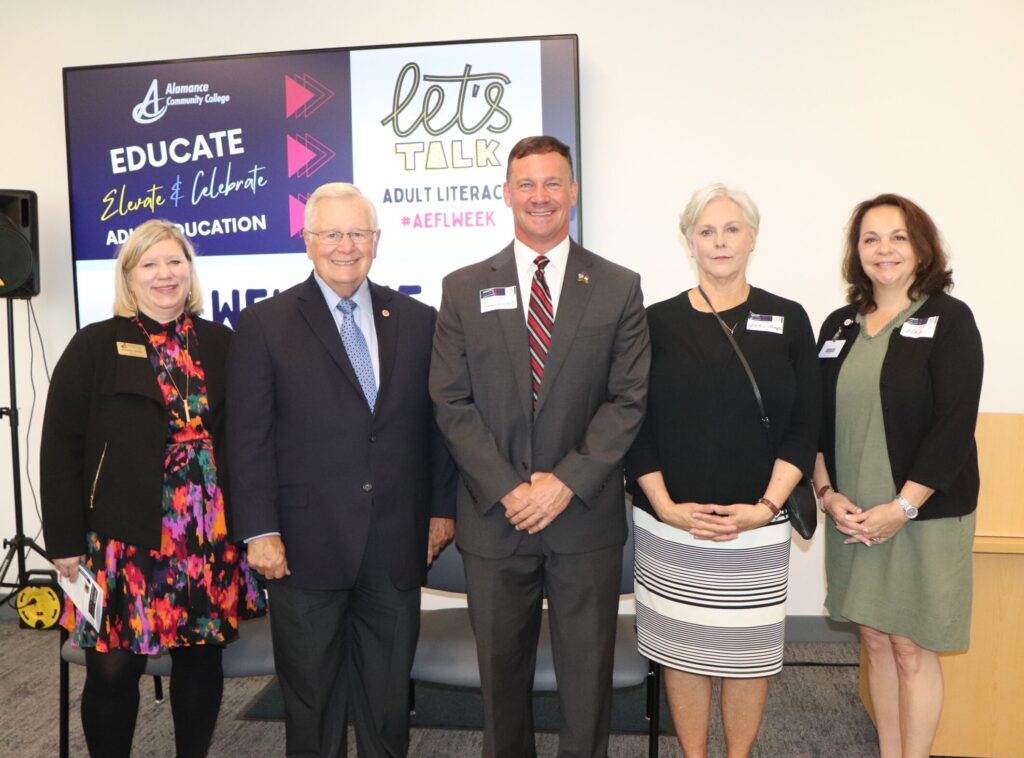 Alamance Community College pre-AEFL kick-off event. with Jennifer Mock, a college community partner, a local legislator, Sandra Thompson, and Nicole Worley featured (from left to right).