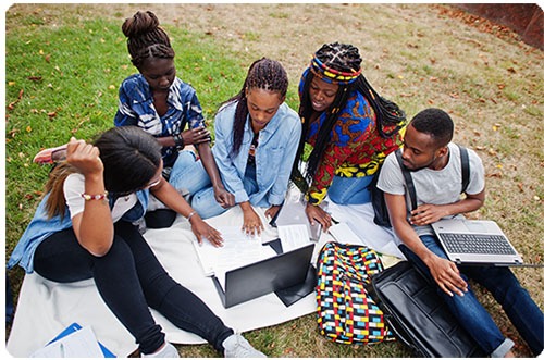 Black friends sitting on grass and studying with laptops.