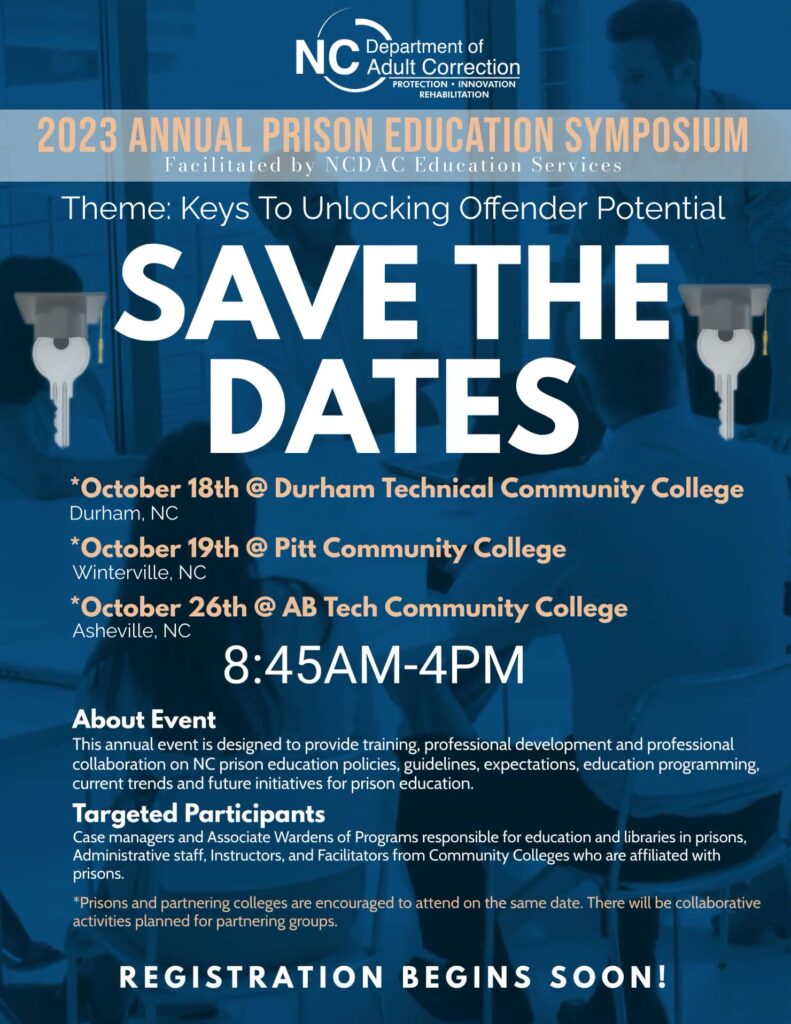 2023 Annual Prison Education Symposium flyer. Includes symposium dates, locations, and other event details.